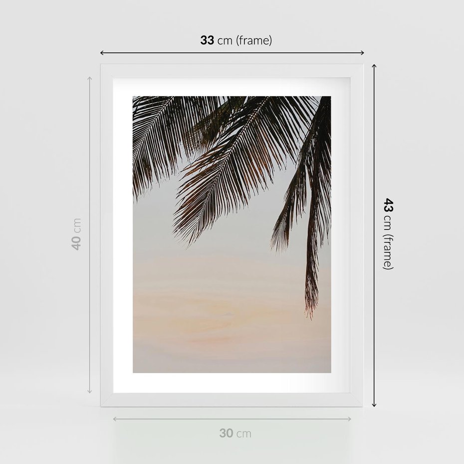 Plakat w ramie 30x40 - Tropikalna Harmonia - palmy na tle nieba - rama biała