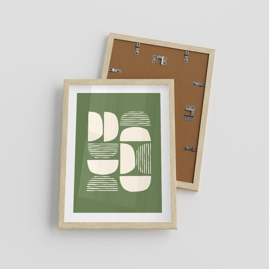 Plakat w ramie 30x40 - Migotliwe Formy - geometryczne boho kształty na brązowym, oliwkowym tle - rama drewno