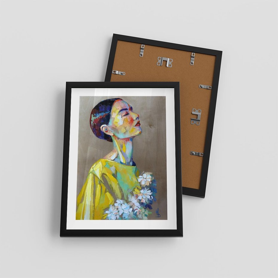 Plakat w ramie 30x40 - W Żółtej Sukience - olejny abstrakcyjny obraz, portret kobiety w żółtej sukience - rama czarna