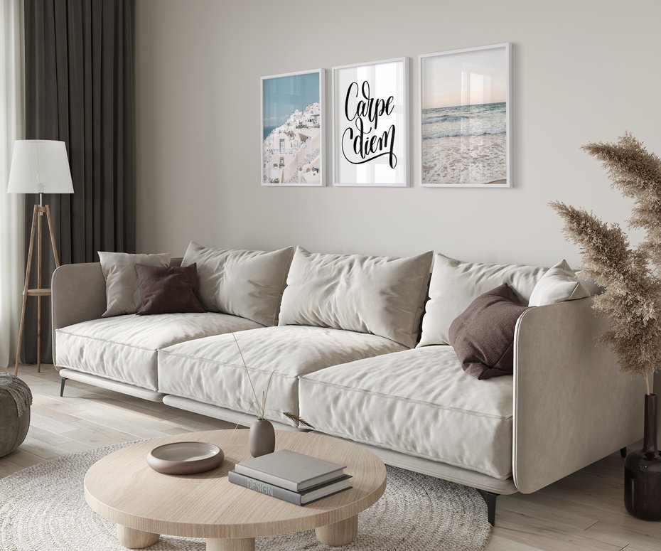 Zestaw obrazy w ramie 30x40 galeria - Carpe, diem, Santorini, plaża, morze - rama biała