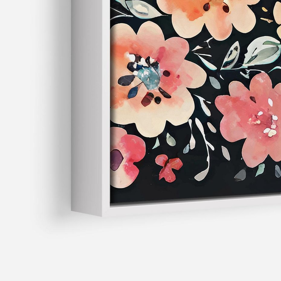 Obraz w ramie 50x50 - Labirynty melancholii - akwarelowe, pastelowe kwiaty na czarnym tle - rama biała