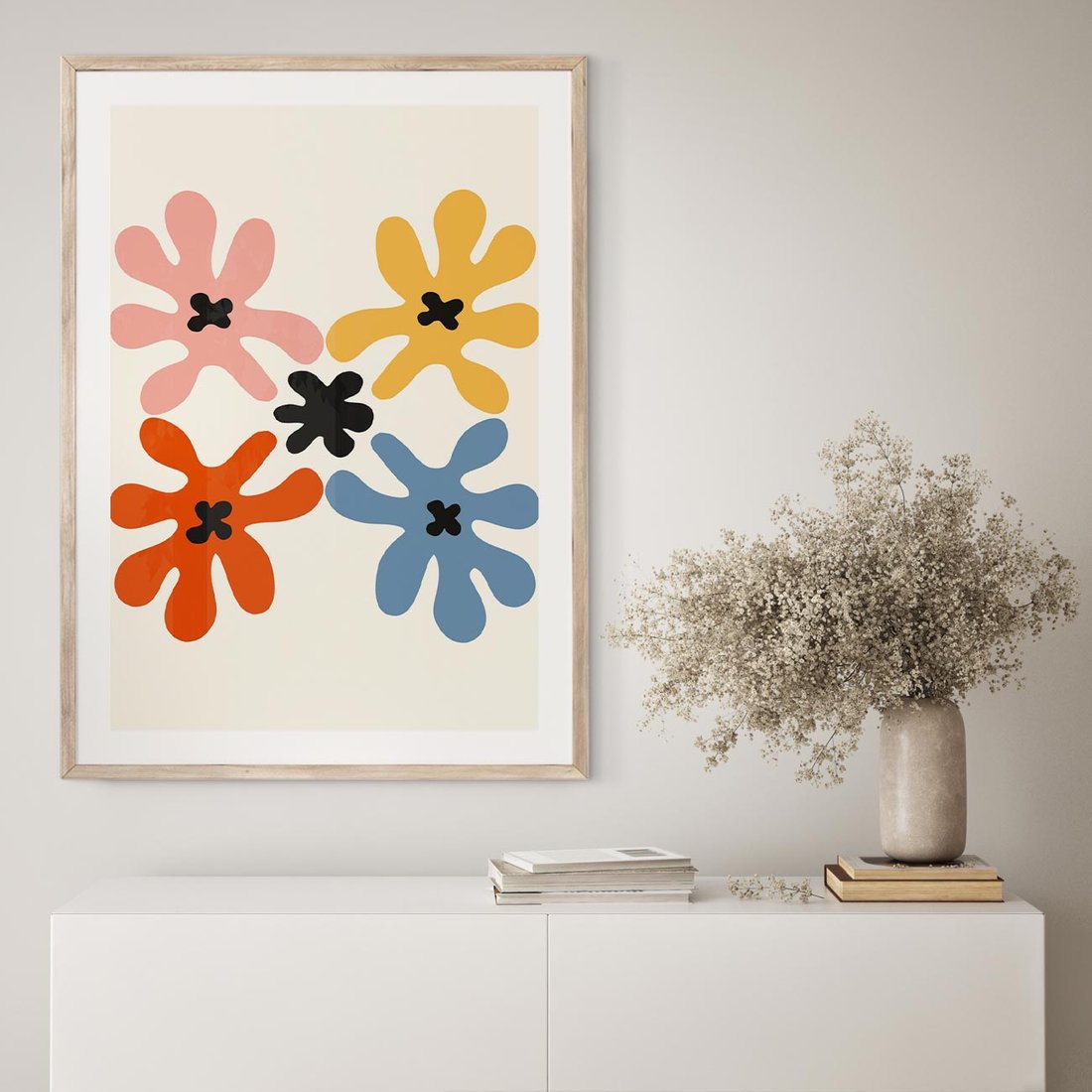 Plakat w ramie 50x70 - Taniec Akwareli - abstrakcyjne wielokolorowe kwiaty, minimalizm - rama drewno