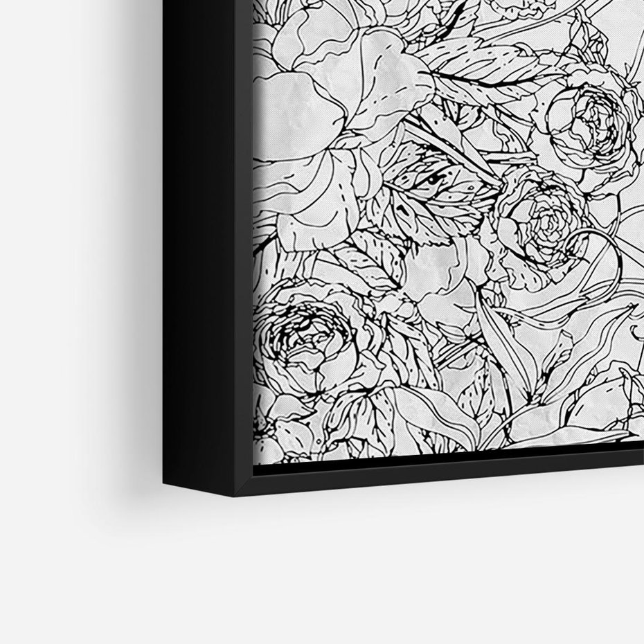 Obraz w ramie 50x50 - Refleksje w martwym punkcie - graficzny szkic, kompozycja kwiatów - rama czarna