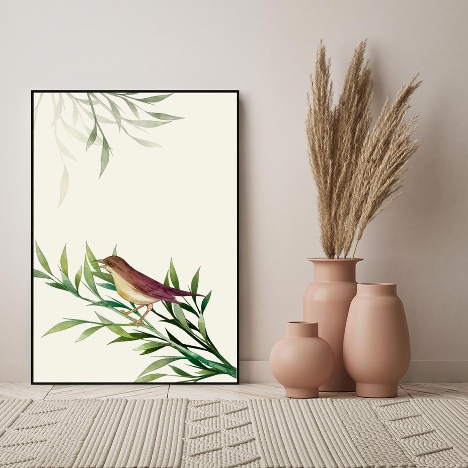 Obraz w ramie 50x70 - Roślinne Nastroje - japońska sztuka, ptak - rama czarna