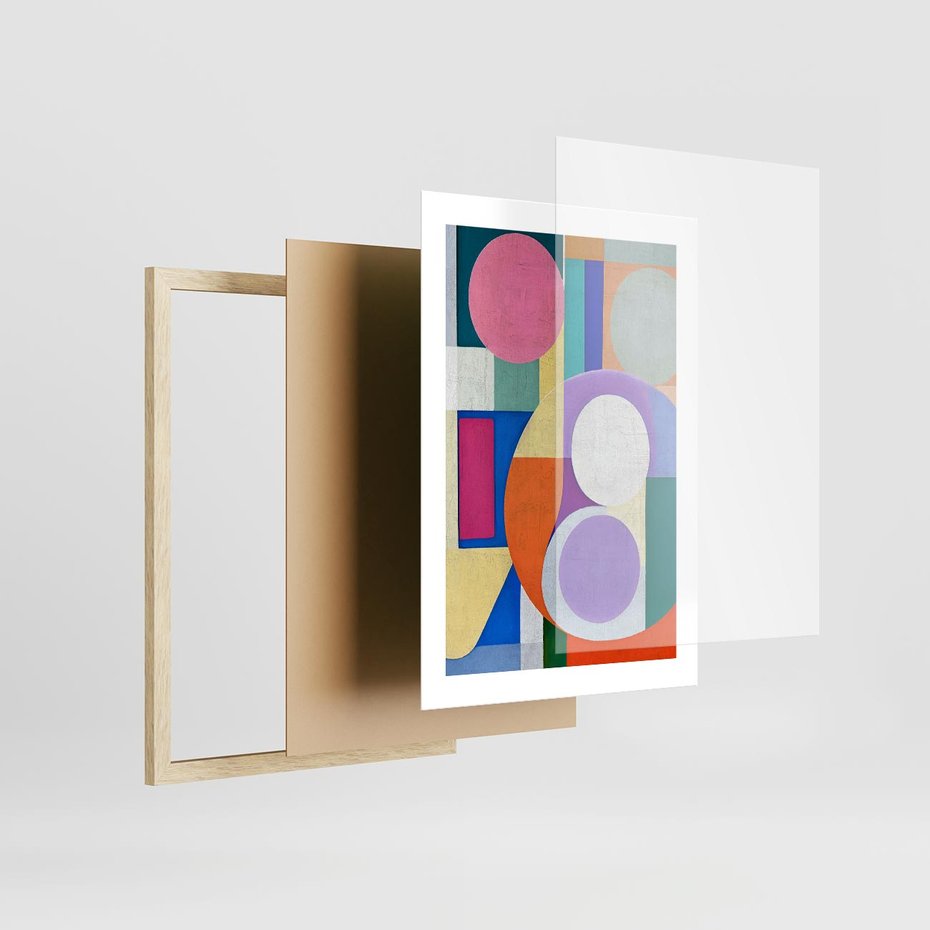 Plakat w ramie 30x40 - Migotliwe Impulsy Dźwięku - różne geometryczne formy, koła - rama drewno