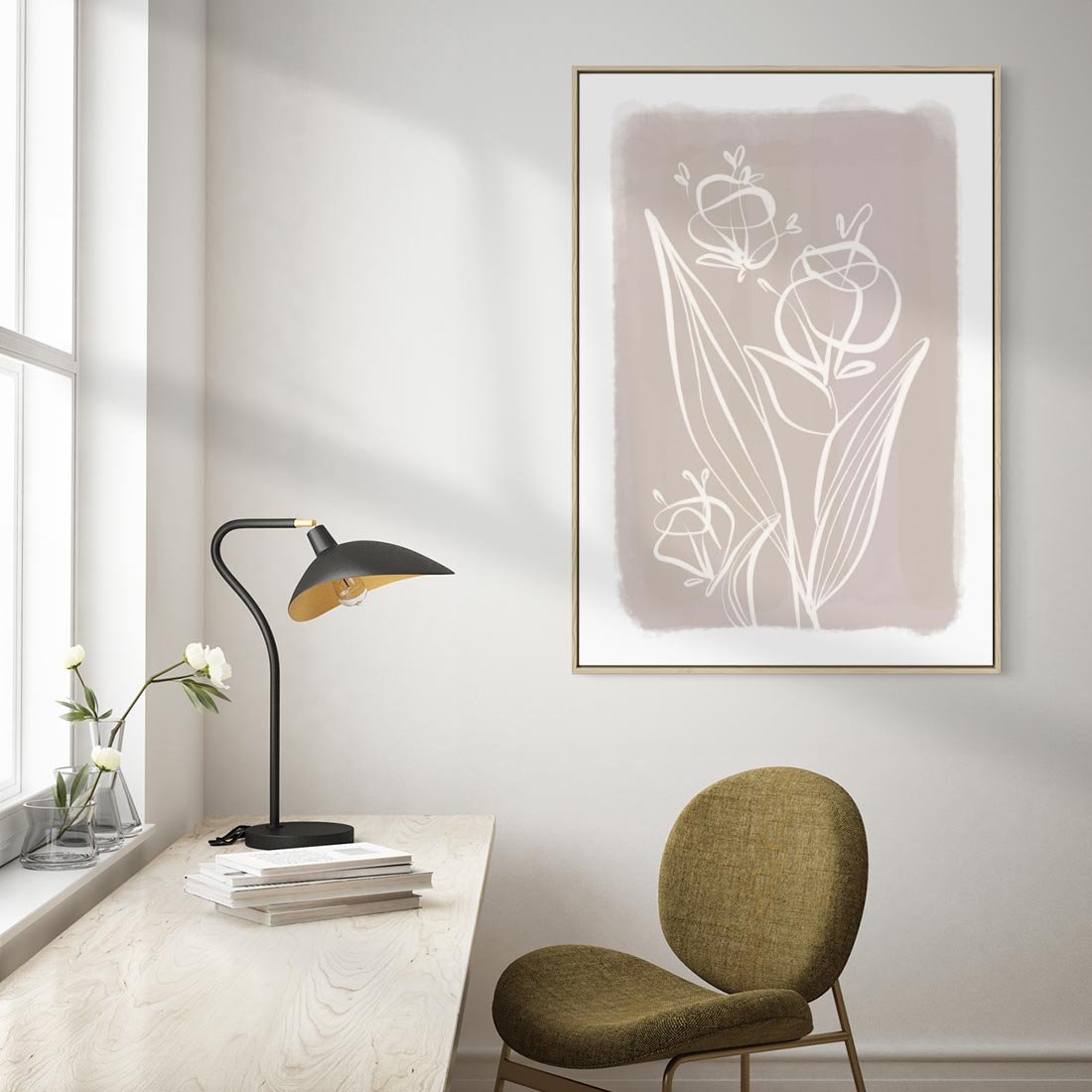 Obraz w ramie 80x120 - Pastelowe Nastroje - nowoczesny subtelny plakat, beżowy - rama drewno