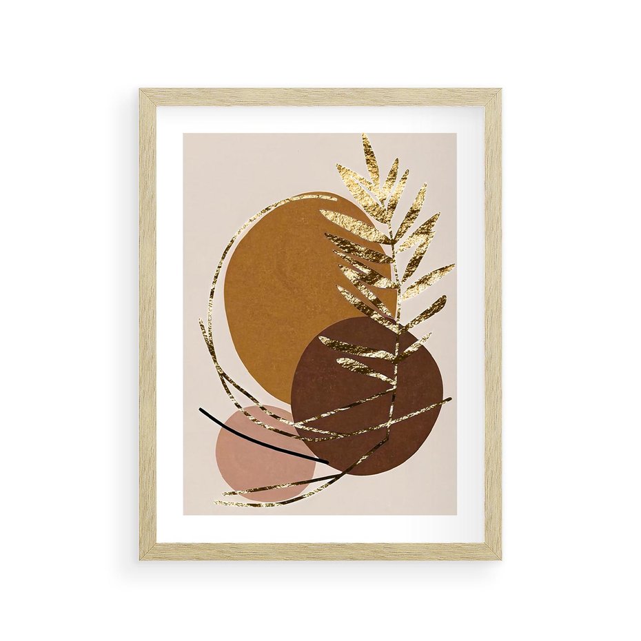 Plakat w ramie 30x40 - Taniec Przenikających Odbić - abstrakcyjny obraz, złote liście palmy - rama drewno