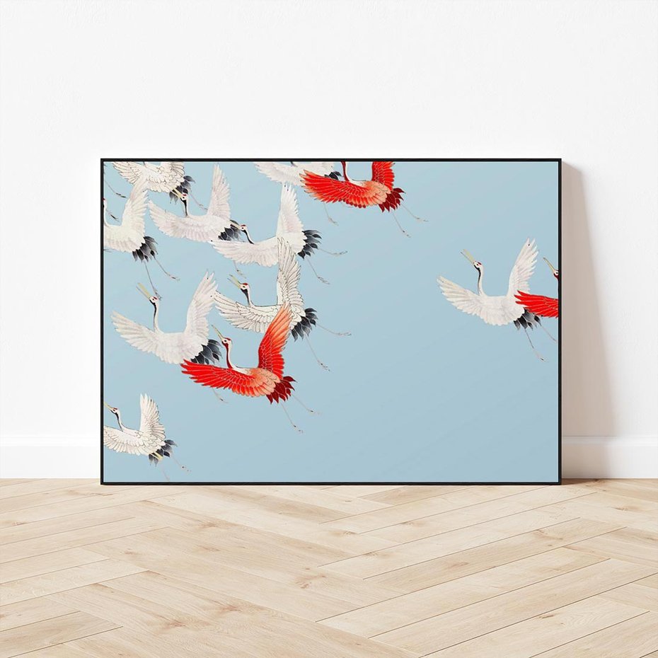 Obraz w ramie 70x50 - Eteryczne Żurawie - lecące żurawie, orientalna sztuka - rama czarna