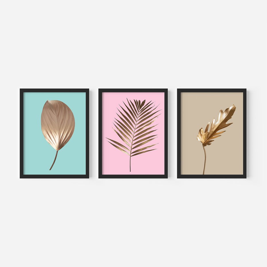 Zestaw obrazy w ramie 40x50 galeria - Złote, liście, palma, pastelowe, gold - rama czarna