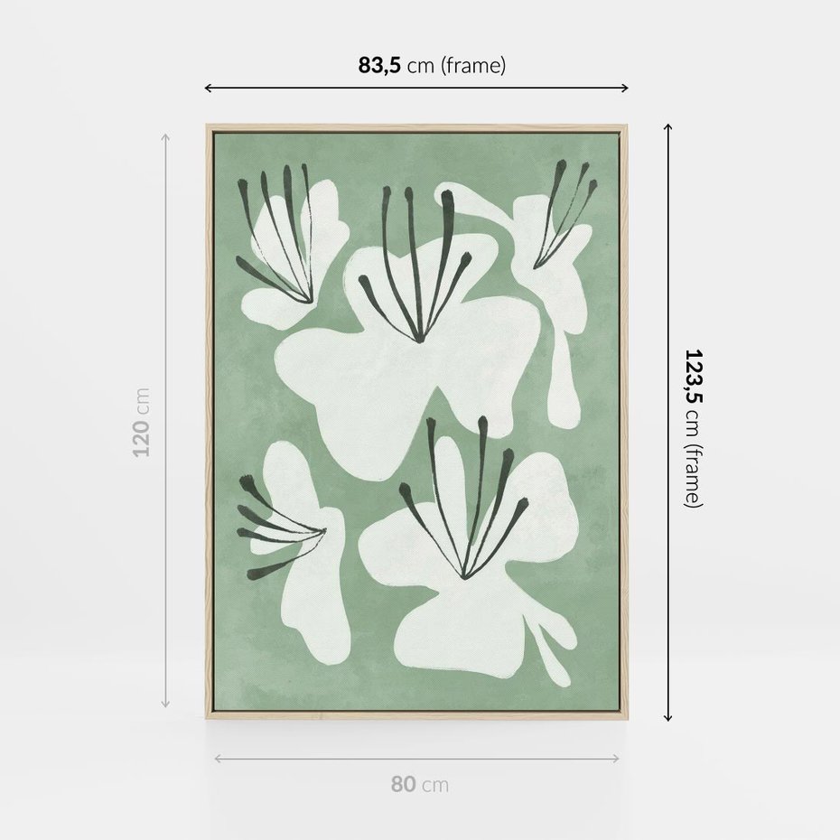 Obraz w ramie 80x120 - Rozkwitające Ukojenie - zgaszona zieleń, kwiaty - rama drewno