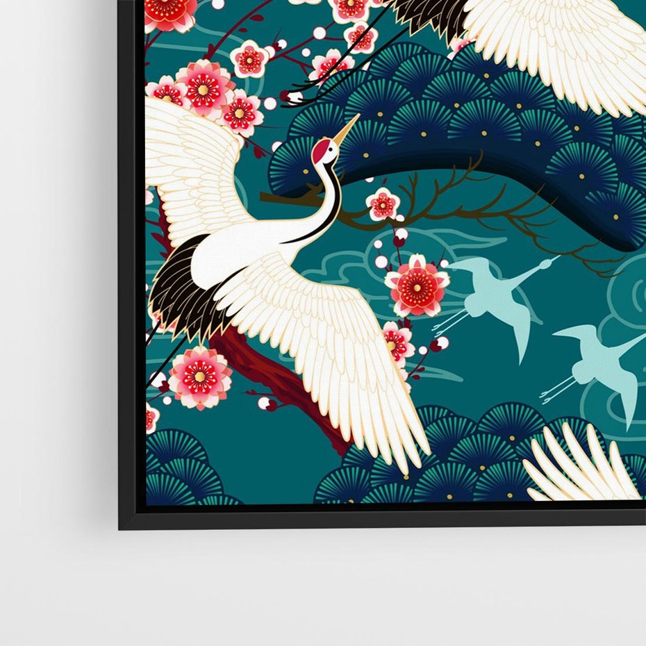 Obraz w ramie 50x50 - Żurawie Wachlarze - orientalne japońskie żurawie, grafika - rama czarna
