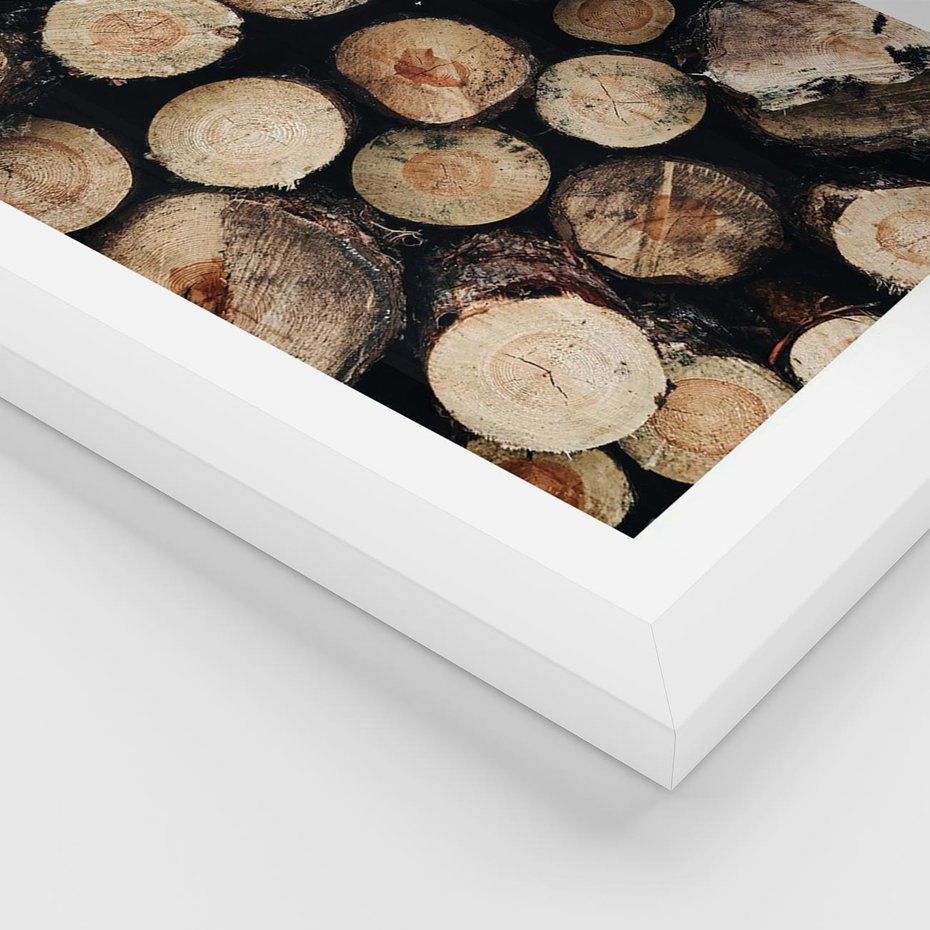 Plakat w ramie 30x40 - Siła Drewna - ścięte drewno, belki drewna ułożone jedna na drugiej - rama biała