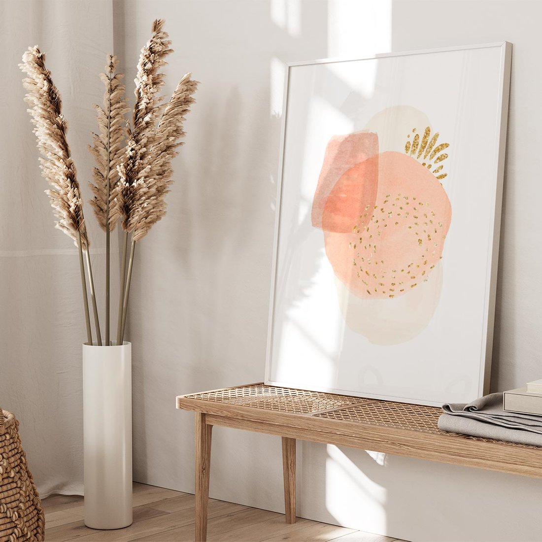 Plakat w ramie 50x70 - Migotliwe Kształty i Plamy - abstrakcyjne akwarelowe plamy, minimalizm - rama biała
