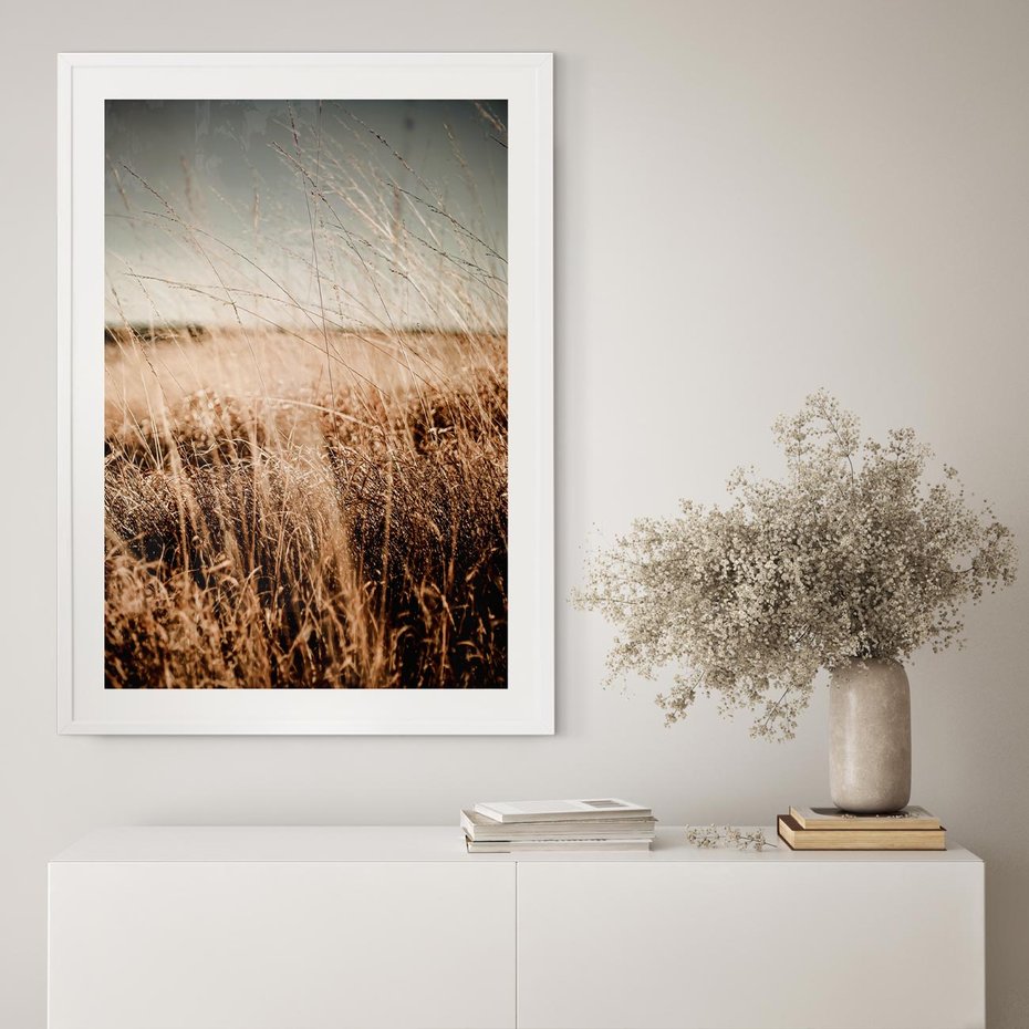 Plakat bez ramy 21x30 - Sucha Trawa w Odcieniach Sepii - suche trawy, łąka odcienie beżu