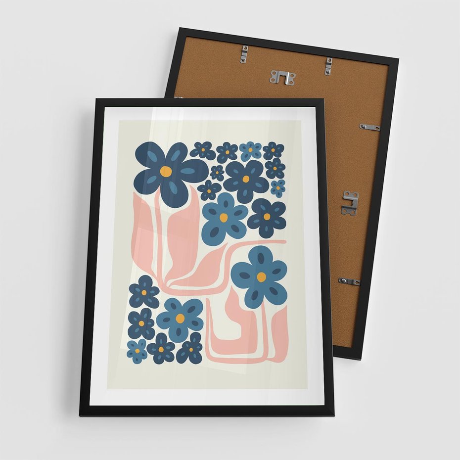 Plakat w ramie 50x70 - Niebieskie Refleksje - niebieskie kwiaty, niezapominajki - rama czarna