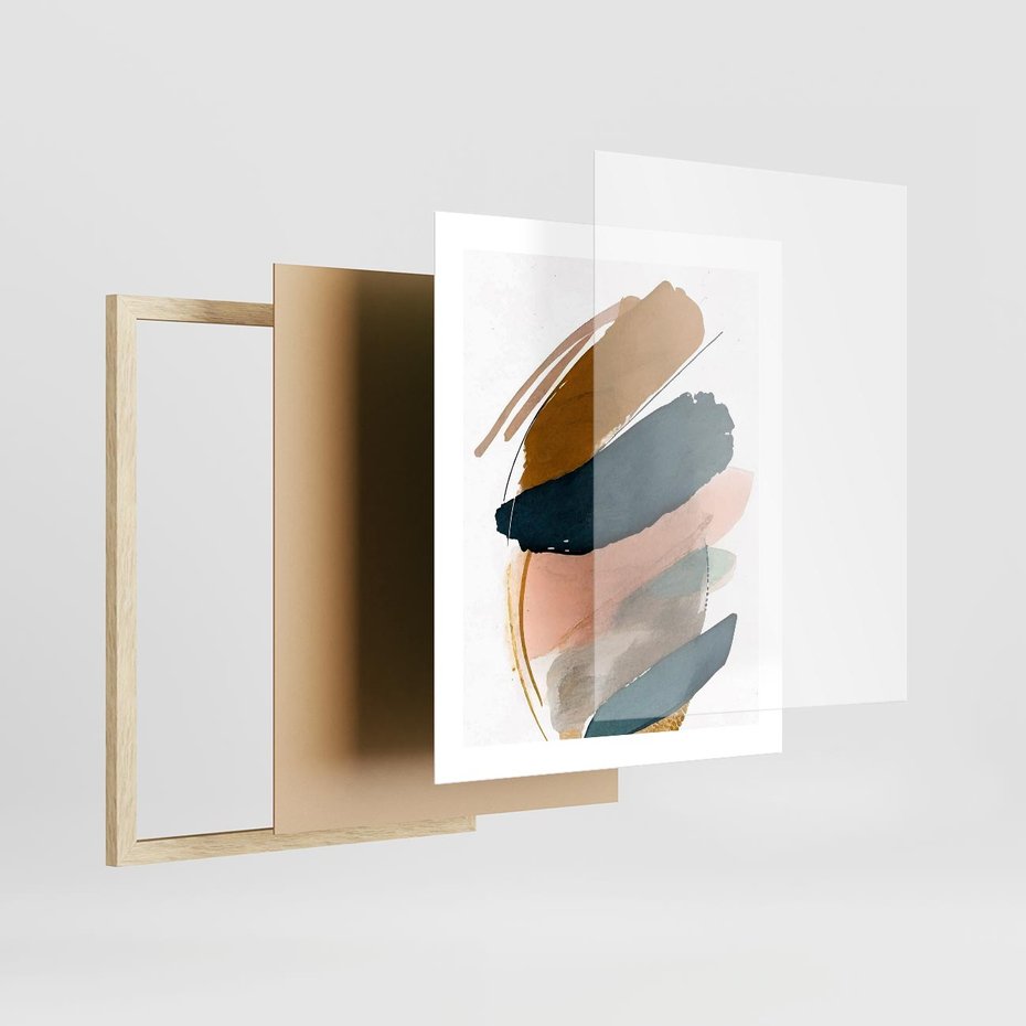 Plakat w ramie 40x50 - Migocące Impresje Przestrzeni - abstrakcyjny obraz, kolory ciepłe - rama drewno