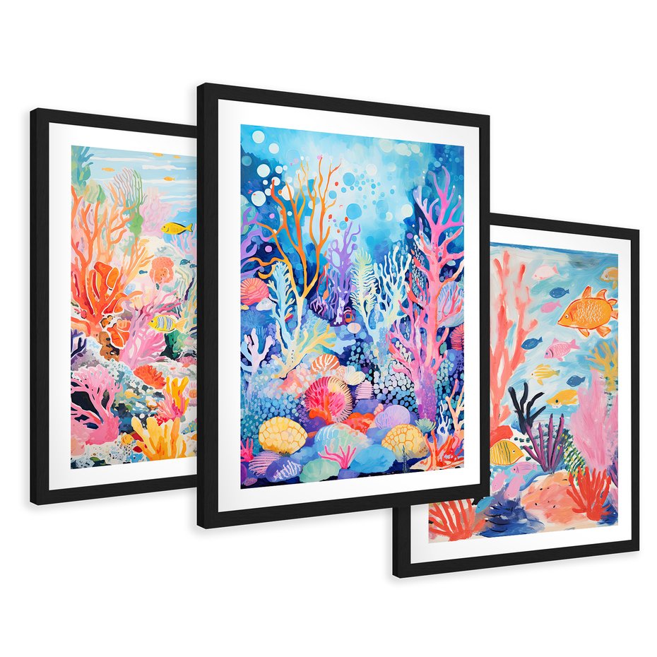 Zestaw obrazy w ramie 30x40 galeria - morze, rybki, akwarela, rafa, koralowa - rama czarna