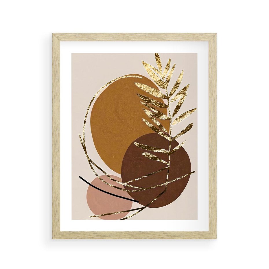 Plakat w ramie 40x50 - Taniec Przenikających Odbić - abstrakcyjny obraz, złote liście palmy - rama drewno