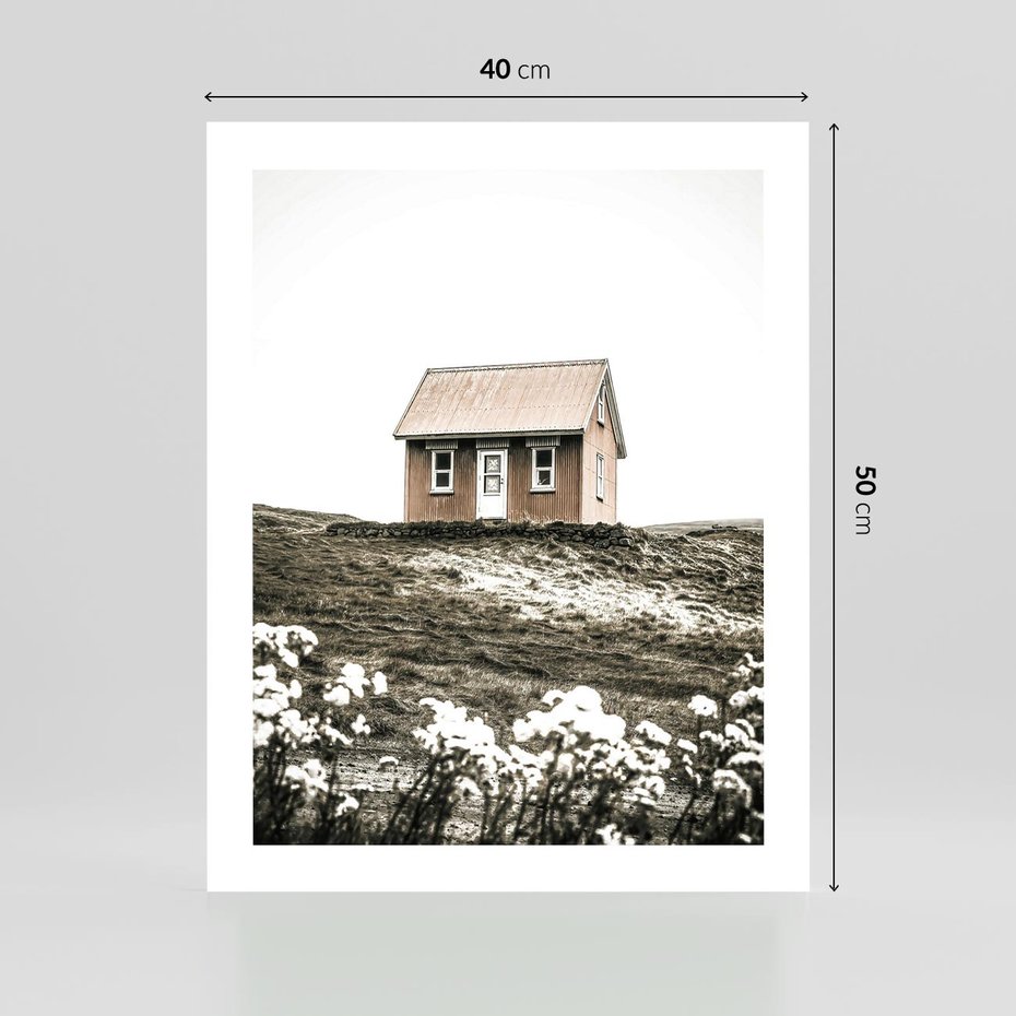 Plakat bez ramy 40x50 - Krajobraz z Przeszłości: Kwitnąca Łąka w Sepii - domek na wzgórzu, kwitnąca łąka