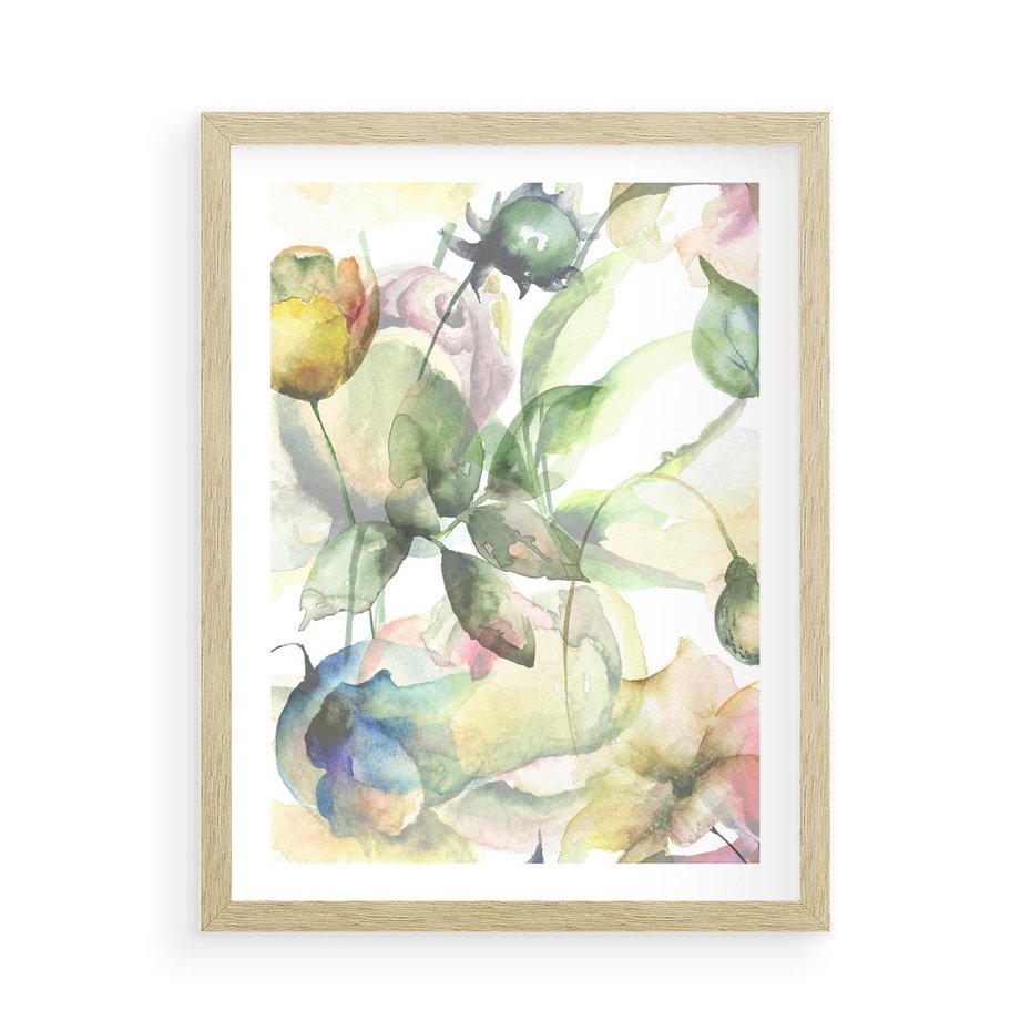 Plakat w ramie 50x70 - Delikatne Kolory - akwarelowe, kwiaty - rama drewno