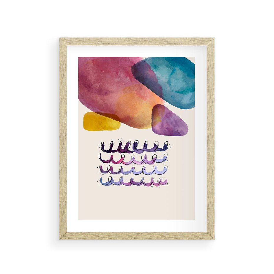 Plakat w ramie 30x40 - Impresje Akwarelowej Przestrzeni - kolorowe pastelowe plamy, rozmyte żywe kolory - rama drewno