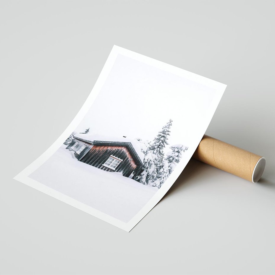 Plakat bez ramy 30x40 - Zimowy Azyl: Domek w Górach - domek w górach, śnieg