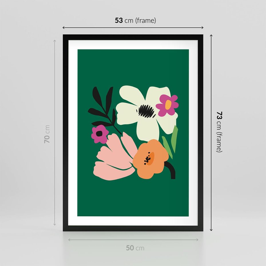 Plakat w ramie 50x70 - Rozbijające Echa - abstrakcyjne kwiaty, zielone tło - rama czarna