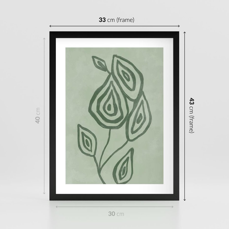 Plakat w ramie 30x40 - Szmaragdowy Oddech - abstrakcyjne delikatne zielone linie, podobne do gałęzi kwiatów - rama czarna
