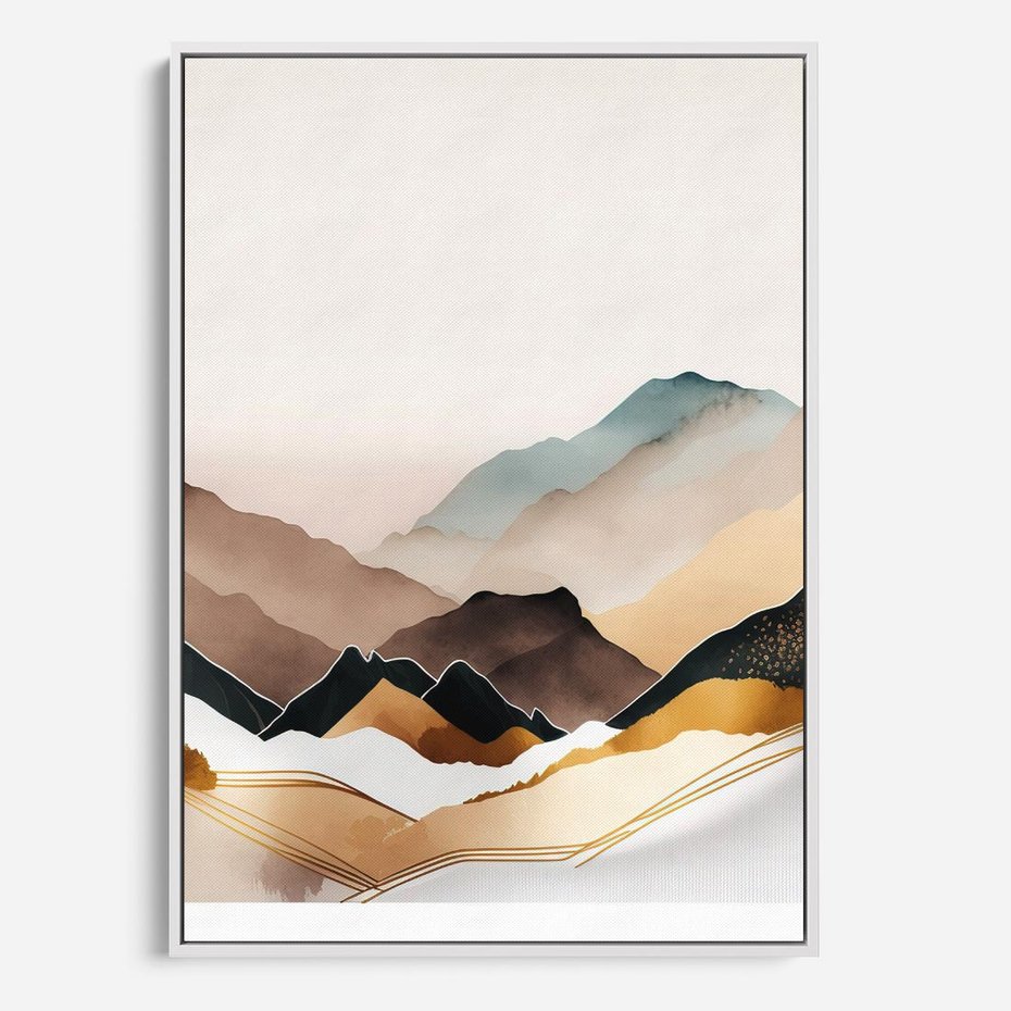 Obraz w ramie 50x70 - Góry Tonące w Pastelach - złote pastelowe góry, akwarela - rama biała