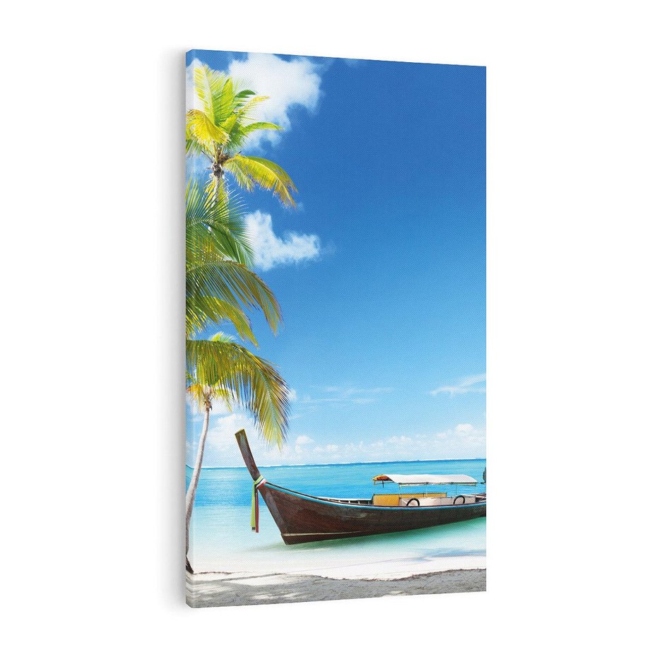 Obraz na płótnie 80x120 - Sielska plaża z łodzią na morzu - plaża, morze
