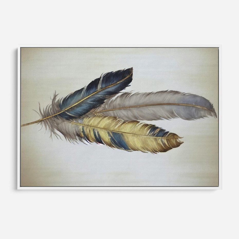 Obraz w ramie 120x80 - Granatowo-Złote Pióra - sztuka, granatowe i złote pióra - rama biała
