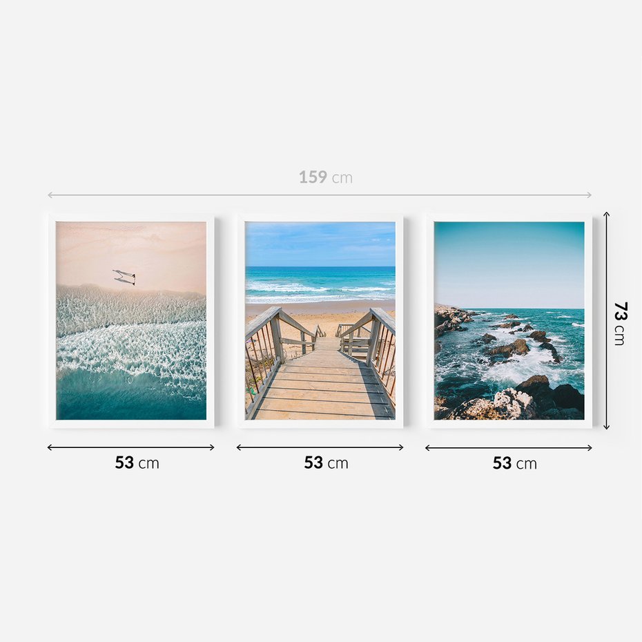 Zestaw obrazy w ramie 50x70 galeria - Plaża, morze, fale, boho - rama biała