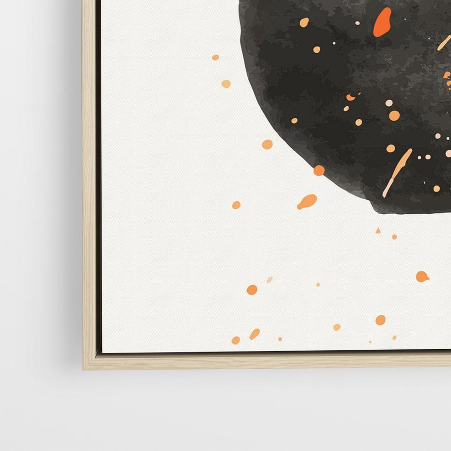 Obraz w ramie 50x50 - Wibracje Kolorów - abstrakcyjna czarna plama, rozsiane pomarańczowe kropki - rama drewno
