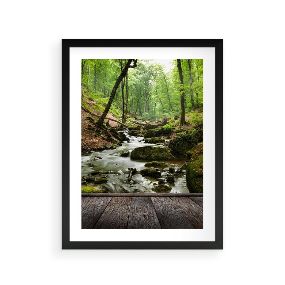 Plakat w ramie 30x40 - Strumyk w lesie - strumyk, w lesie - rama czarna