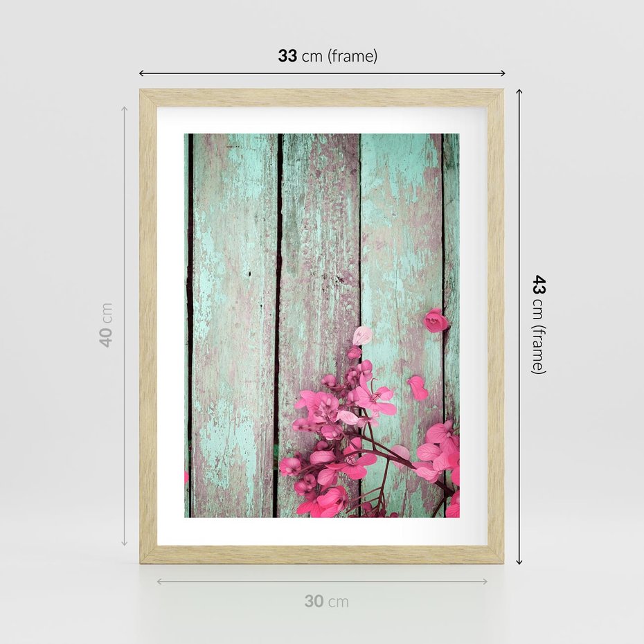 Plakat w ramie 30x40 - Urok Dawnych Czasów - kwiaty, deski - rama drewno