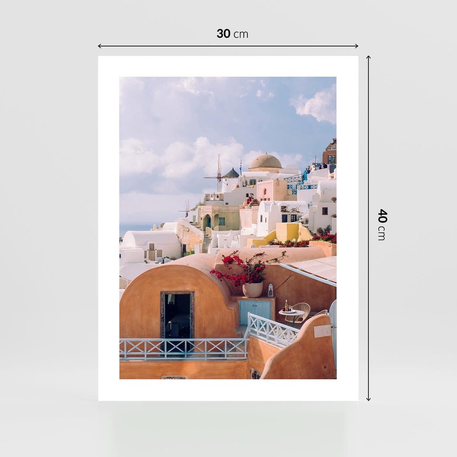 Plakat bez ramy 30x40 - Błękit Morza i Białe Domki - Santorini, wyspa
