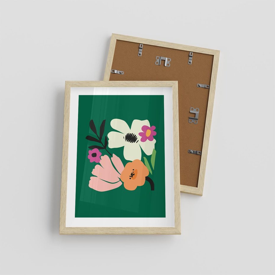 Plakat w ramie 30x40 - Rozbijające Echa - abstrakcyjne kwiaty, zielone tło - rama drewno