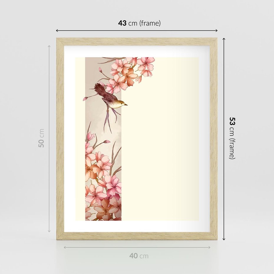 Plakat w ramie 40x50 - Rozkwitające Marzenia - japońska sztuka, ptak - rama drewno