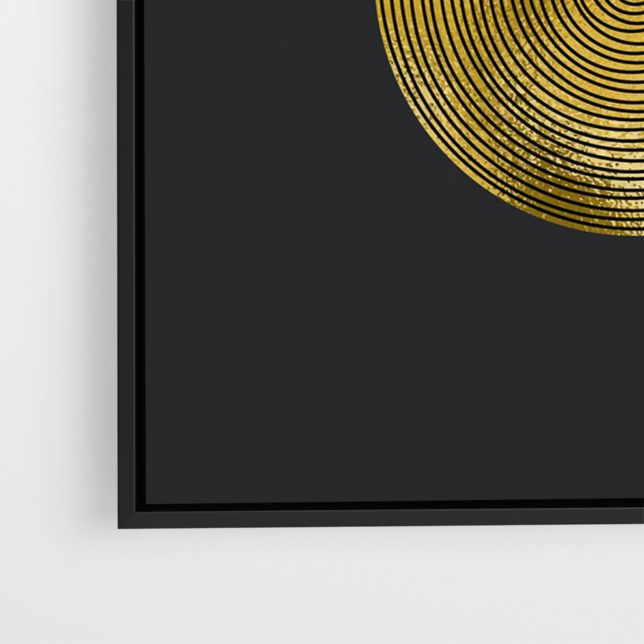 Obraz w ramie 50x70 - Migotliwe Przeniknięcia - złote koła, czarne tło - rama czarna