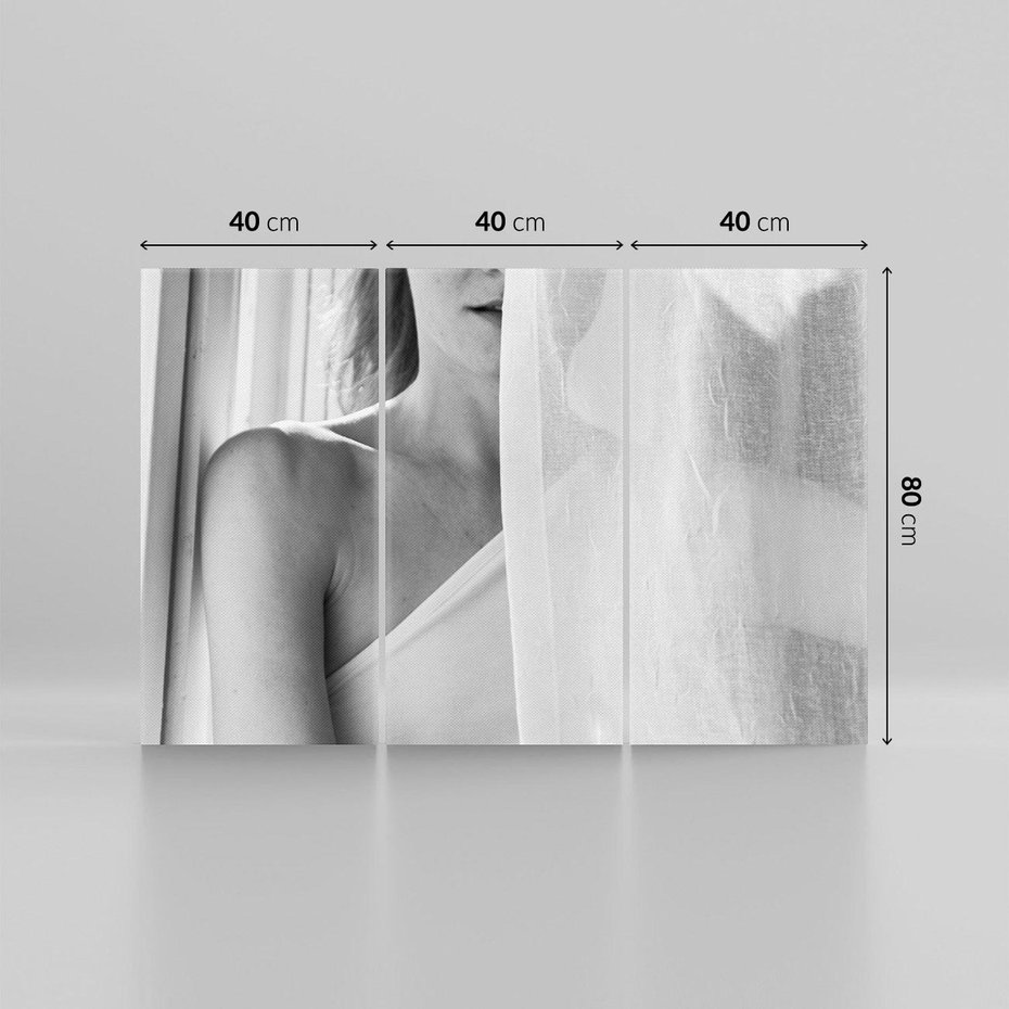 Obraz na płótnie 120x80 - Za Firanką - czarno białe zdjecie, piękny portret eterycznej kobiety