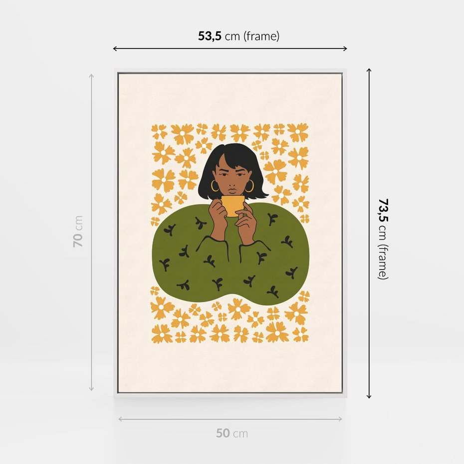 Obraz w ramie 50x70 - Wewnętrzne Fale - nowoczesny plakat, kobieta otoczona liśćmi - rama biała