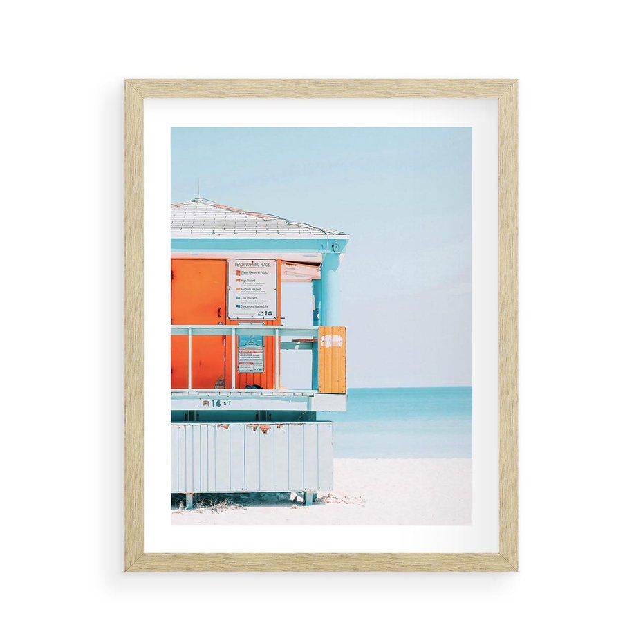 Plakat w ramie 40x50 - Letnia Idylla - plaża, domek na plaży - rama drewno