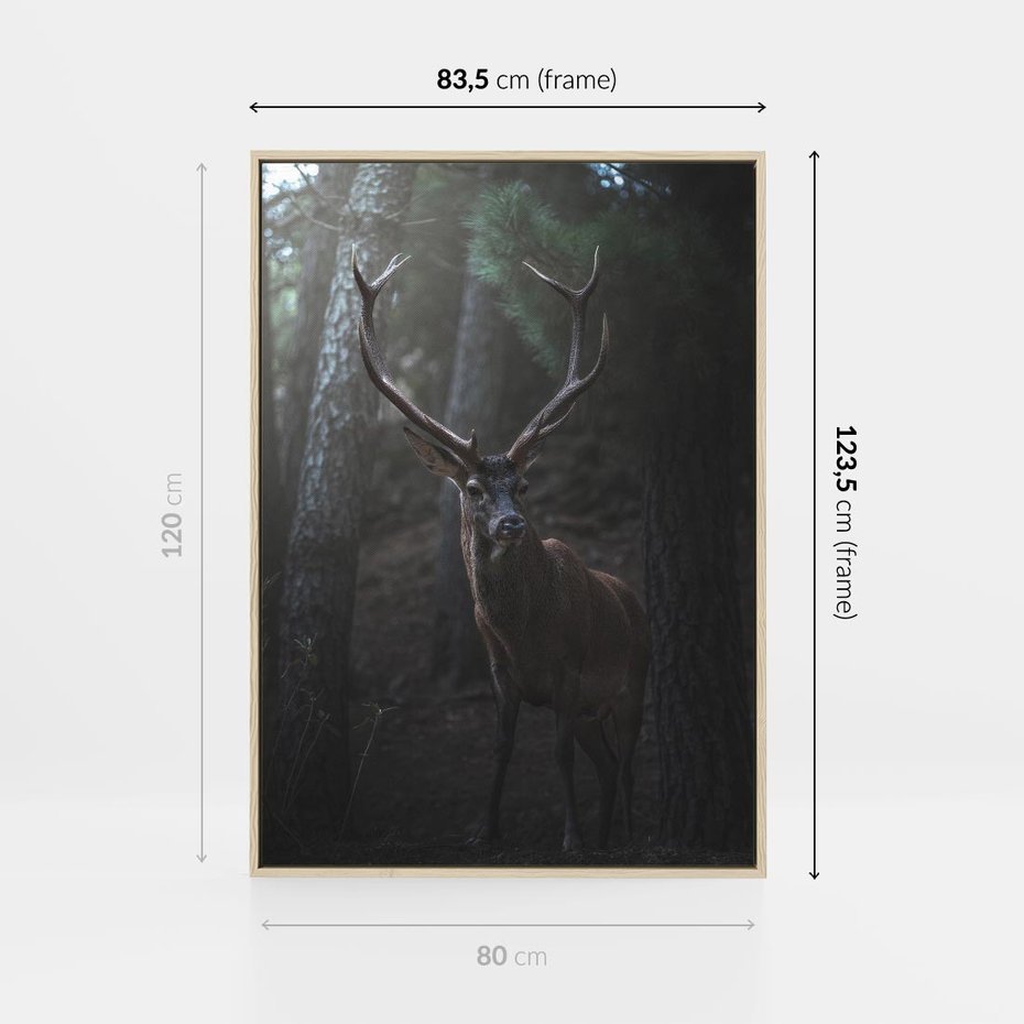 Obraz w ramie 80x120 - Jeleń wśród lasu - jeleń, las - rama drewno