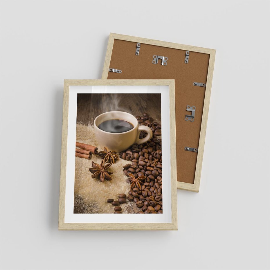 Plakat w ramie 30x40 - Kawowa filiżanka pełna aromatu - kawa, filiżanka - rama drewno