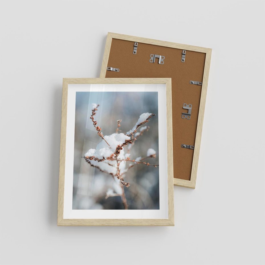 Plakat w ramie 30x40 - Zimowy Urok Natury - gałązki pod śniegiem, natura - rama drewno