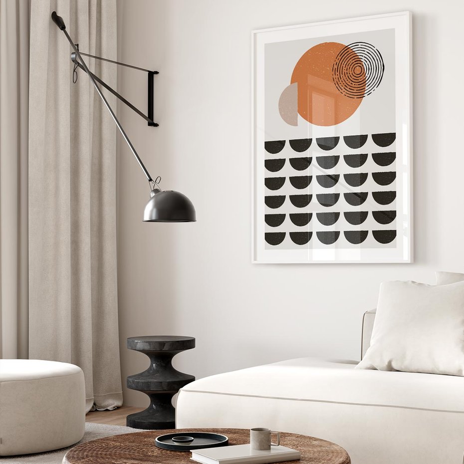 Plakat w ramie 30x40 - Geometryczna Ekspresja - geometryczny graficzny obraz, pomarańczowe koło - rama biała