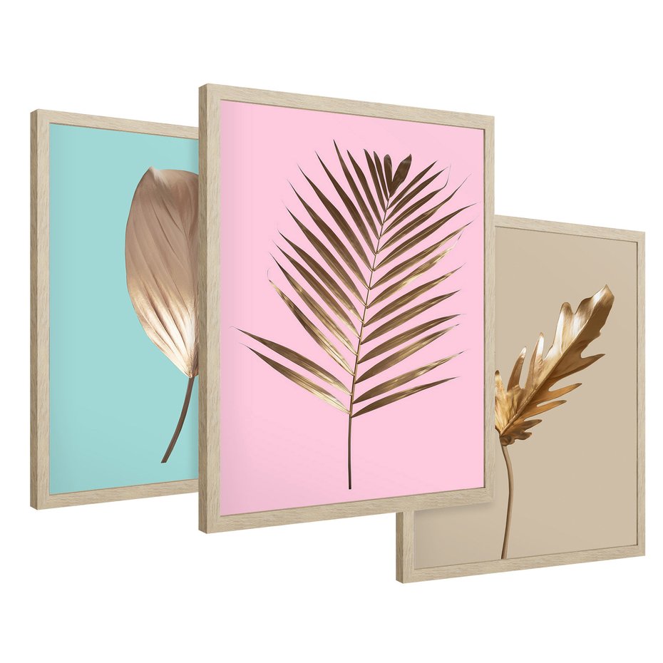Zestaw obrazy w ramie 40x50 galeria - Złote, liście, palma, pastelowe, gold - rama drewno