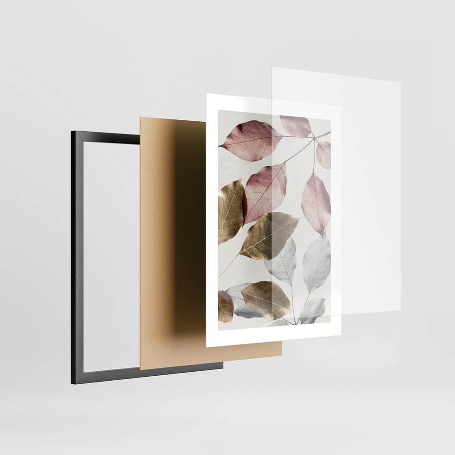 Plakat w ramie 30x40 - Pastelowe Liście z Nutką Złota - liście, pastelowe kolory - rama czarna
