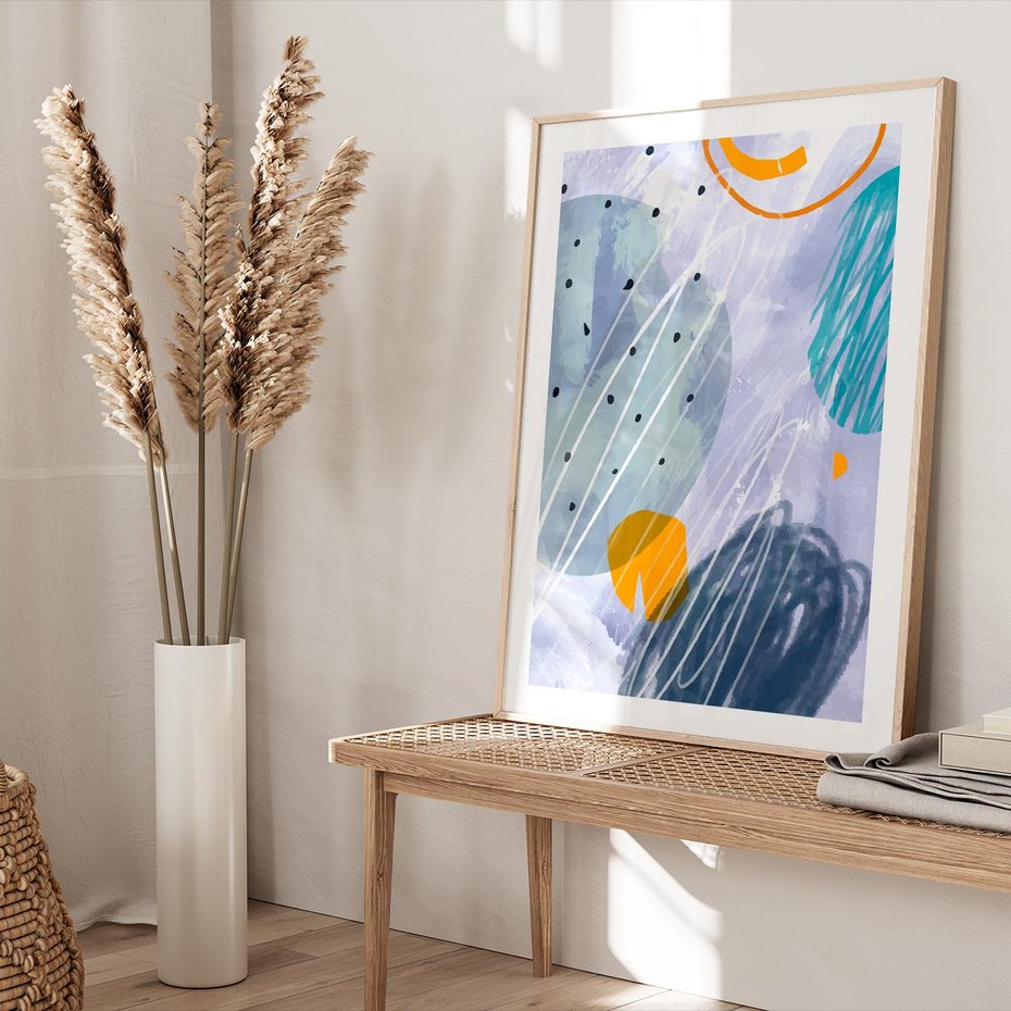 Plakat w ramie 40x50 - Pastelowe Przenikanie - abstrakcyjny plakat do młodzieżowego pokoju, granaty fiolety - rama drewno