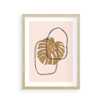 Plakat w ramie 30x40 - Liście w Beżowym Minimalizmie - minimalistyczny obraz, liście monstery - rama drewno
